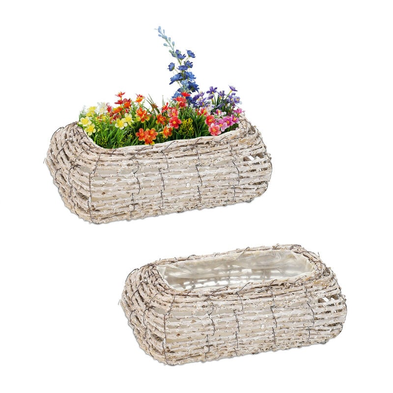 Pot de fleurs, lot de 2, rotin, cache-pots avec film, HxLxP: 10 x 25 x 15 cm, bacs intérieur, blanc-nature - Relaxdays