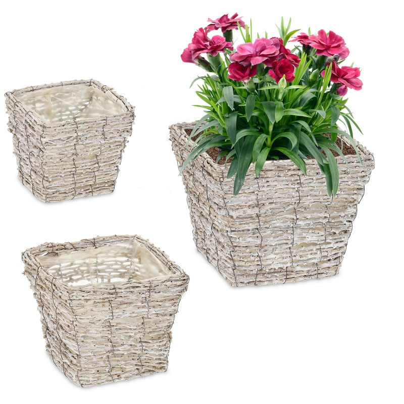 Relaxdays - Pot de fleurs, lot de 3, rotin, bac avec film, 3 tailles, cache-pots carrés pour intérieur, blanc-nature