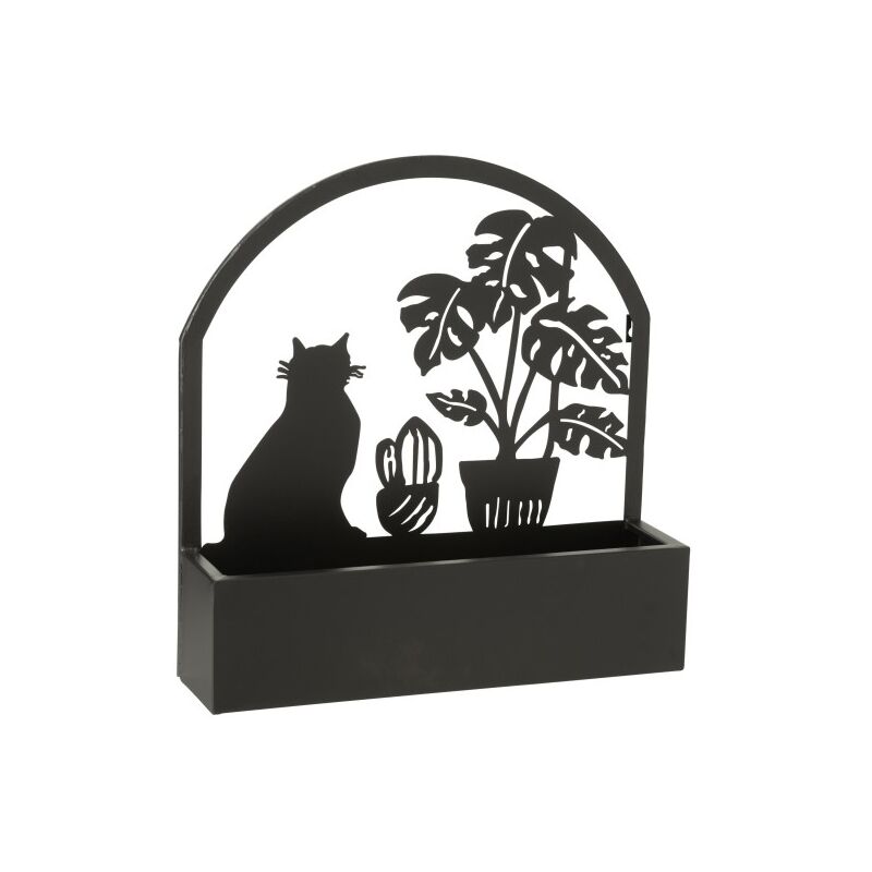 Pot de fleurs mural avec fleur et chat en métal noir L41xl11xH54cm