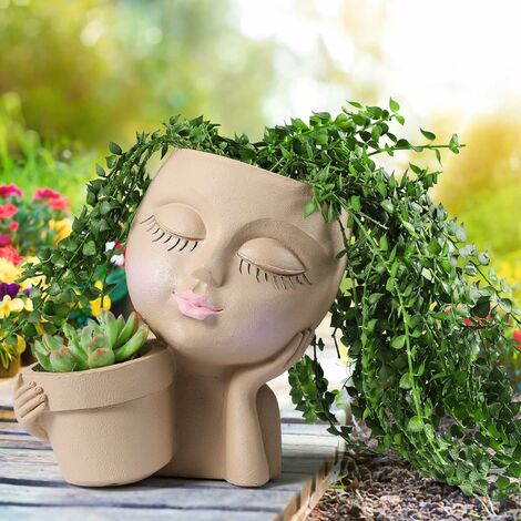 Pot de fleurs pour visage - Pots de fleurs doubles en un pour plantes d'intérieur et d'extérieur Pot de fleurs en résine avec trou de drainage LITZEE