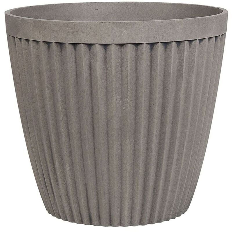 Cache-Pot Gris Taupe en Pierre et Polyrésine 36 cm Diamètre à Rayures Verticales Poka