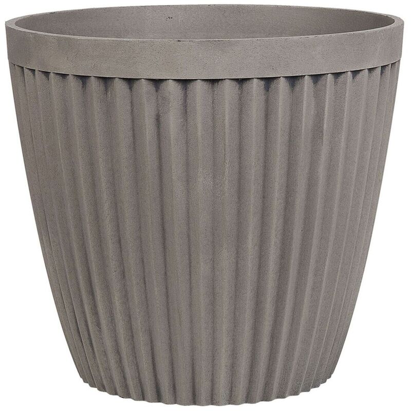 Cache-Pot Gris Taupe en Pierre et Polyrésine 44 cm Diamètre à Rayures Verticales Poka