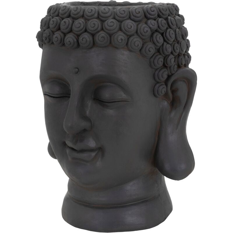Pot de Plantes/Fleurs Tête de Bouddha, 23x23x44 cm, Anthracite, Résine, Intérieur/Extérieur, Statue Massif, Grand Buste Sculpture, Vase Cache-pot,