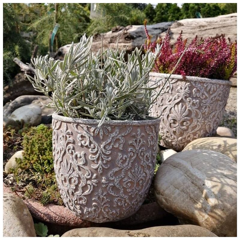 Pot de fleurs vintage béton 20cm rond cache-pot gris résistant aux intempéries pot à plantes shabby ornements hauteur 18cm - gris