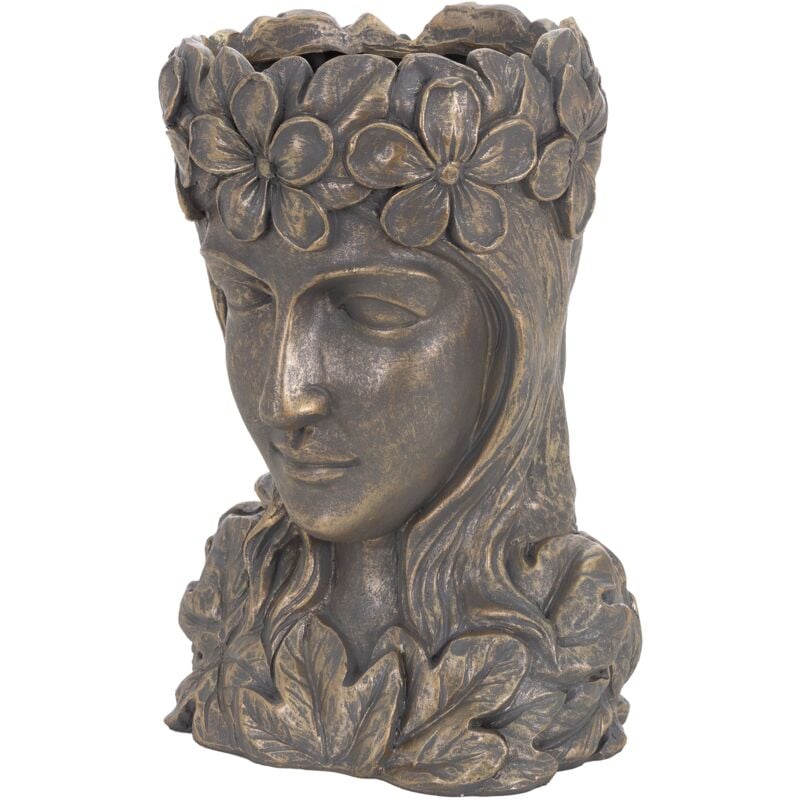 Pot de Plantes/Fleurs Tête de Déesse, 21x16x32 cm, Bronze, Résine, Intérieur/Extérieur, Statue Massif, Femme Sculpture, Dame Visage, Vase Cache-pot,