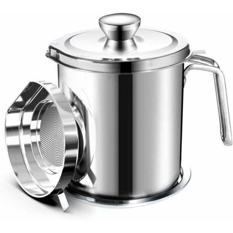 Pot de Graisse en Acier Inoxydable 2L avec Couvercle Anti-Poussière et Tamis Fin pour Huile de Friture Ortviai