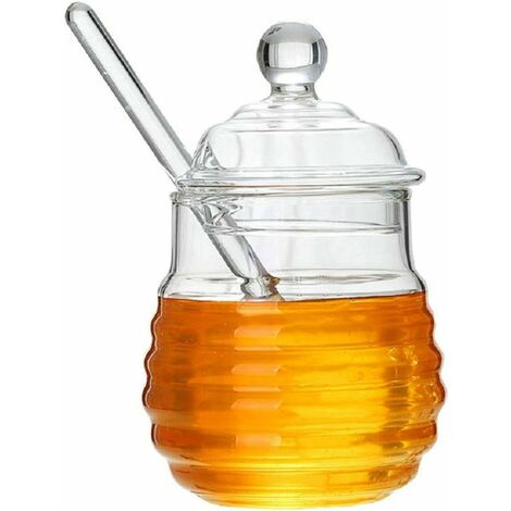 Pot De Miel avec Cuillère À Miel Borosilicate Transparent Pot De Sirop pour Le Stockage Et La Distribution De Miel Et De Sirop Lot De 2