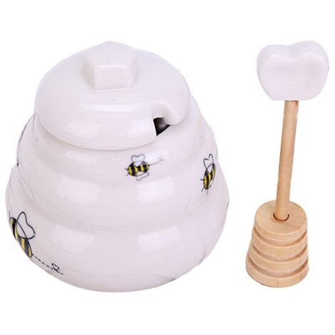 Pot de miel de ruche en céramique et louche en bois, mini pot de miel de ruche en céramique avec louche
