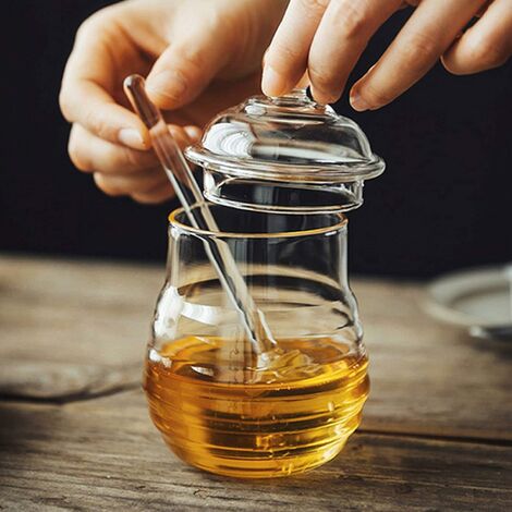 Pot de miel en verre avec cuillère et couvercle pour la cuisine à domicile, 9 onces, clair