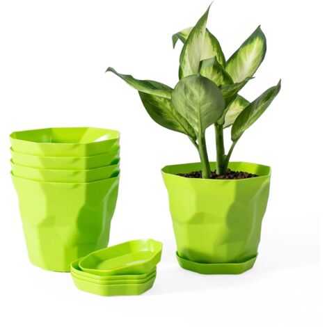 Pot de plante décoratif  Ensemble  PP  12.5cm x 15cm  Bleu/Blanc/Vert/Orange  5 pots + 5 soucoupes  Design géométrique stable
