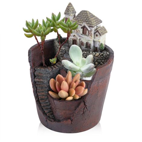 Pot de Plantes Créatif Résine pour Succulentes Mini-Château Décor Maison Bureau Jardin avec Tapis Antidérapant et Trou d'Évacuation Durable Éco 14cm x 20.5cm