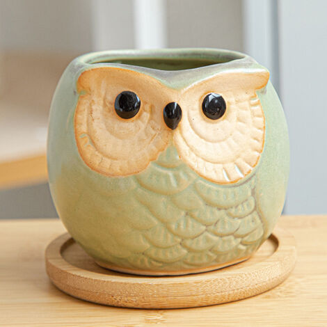 Pot de plantes mini succulente Owl en céramique avec plateau bambou - Ensemble 2 pièces (7.5x6.8cm & 5.8x6.8cm, vert/multicolore/blanc)