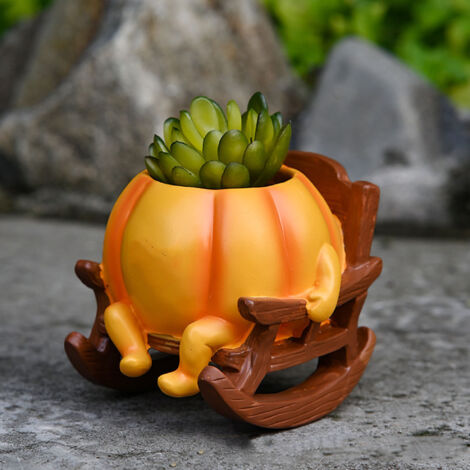 Pot de Plantes Résine Visage de Citrouille Joyeux Résistant Balcon Jardinière Rocking Chair [Taille M/L, Marron, 368-446g, 1 Pièce]