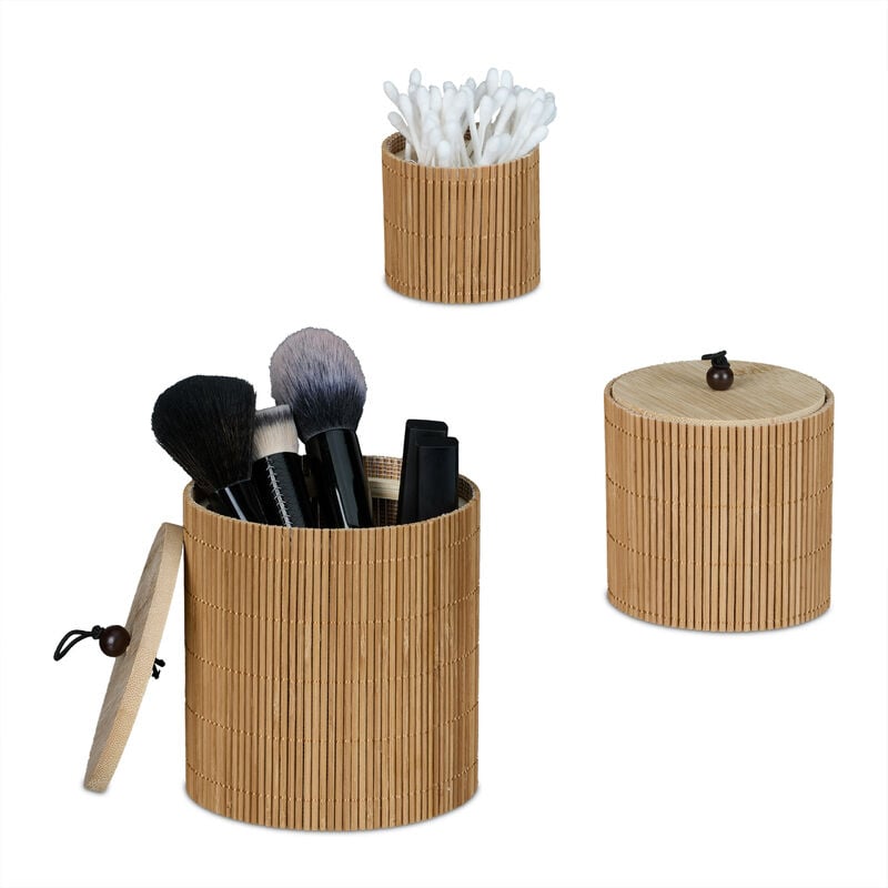 Pot de rangement avec couvercle, lot de 3, bambou, plusieurs tailles, pinceaux & cosmétiques, nature - Relaxdays