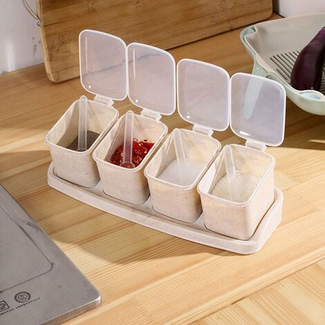 Pot de Stockage 4 Compartiment Spice Jars Compartiment indépendant Assaisonnement Bote de Cuisine Bote de Rangement épices Sel Sucre Poivre Condiment Container Essentiels pour la Maison Beige