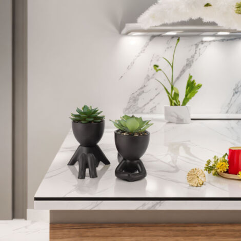 Pot de Succulent Artificiel Céramique (2-Pcs) - Décor Bureau Maison Sculpté Forme Humaine Miniature Noir