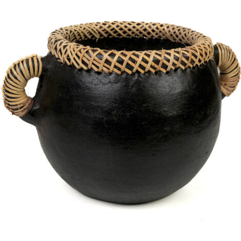 Pot en céramique noir poignées rotin style naturel décoratif - noir effet mat et rotin naturel