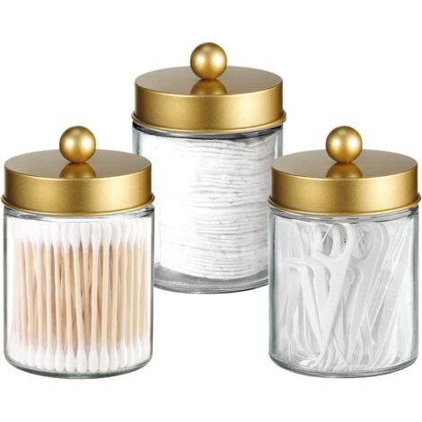 Pot En Verre - Couvercle En Acier Inoxydable - Pour Cotons Tiges Coton-Tiges Éponges De Maquillage Fil Dentaire - 3 Pièces Or