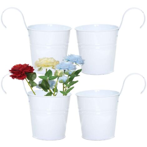 Pot Fleur Suspendu Extérieur 4 Pièces Pots de Fleurs Suspendus pour Balcon Balconniere Exterieur Métal Pots de Fleurs Suspendus avec Trou de Drainage Pot de Fleur pour Une clôture, Blanc