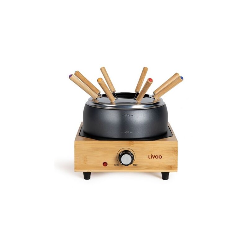 DOC287 - Appareil à Fondue électrique - 8 personnes - 800W - Support en bambou - Caquelon antiadhésif - Thermostat réglable - Inclus 8 fourchettes