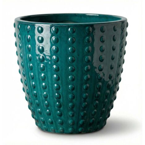 Pot grande taille d'extérieur ATTILA 23x22cm bleu pétrole, fait main en terre cuite émaillée, résistant au gel