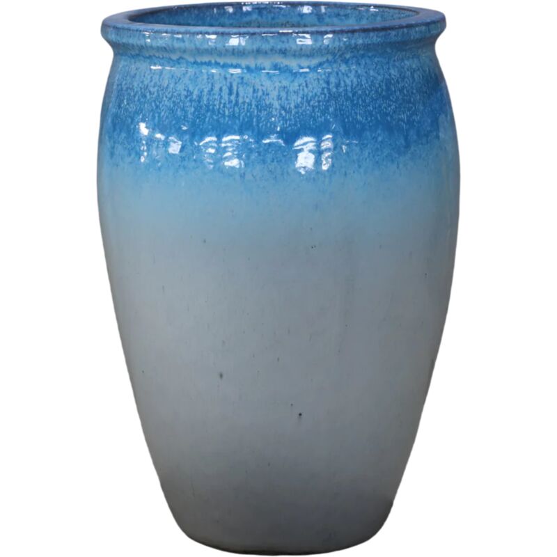 Pot grande taille d'extérieur BACCHUS 50x68cm fait main en terre cuite émaillée résistant au gel, blanc et bleu