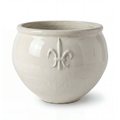 Pot grande taille d'extérieur CLOVIS 53x43cm crème, fait main en terre cuite émaillée, résistant au gel