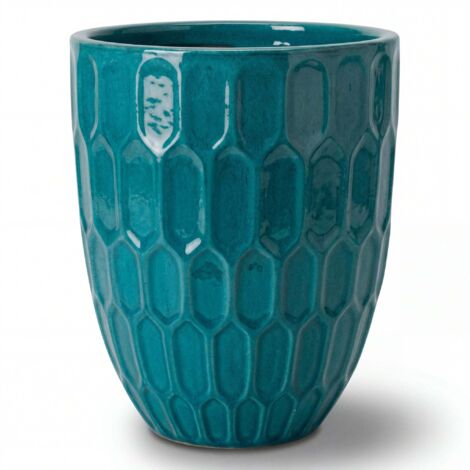Pot grande taille d'extérieur DAUDET 41x55cm turquoise, fait main en terre cuite émaillée, résistant au gel