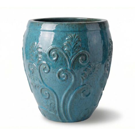 Pot grande taille d'extérieur GAIA 52x58cm bleu acier, fait main en terre cuite émaillée, résistant au gel