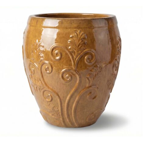 Pot grande taille d'extérieur GAIA 52x58cm miel ambré, fait main en terre cuite émaillée, résistant au gel