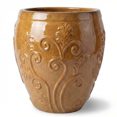Pot grande taille d'extérieur GAIA 75x78cm miel ambré, fait main en terre cuite émaillée, résistant au gel