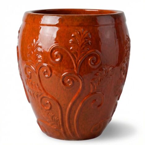 Pot grande taille d'extérieur GAIA 75x78cm orange tropical, fait main en terre cuite émaillée, résistant au gel