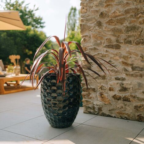 Pot grande taille d'extérieur MEROVEE 42x55cm bleu abysse, fait main en terre cuite émaillée, résistant au gel