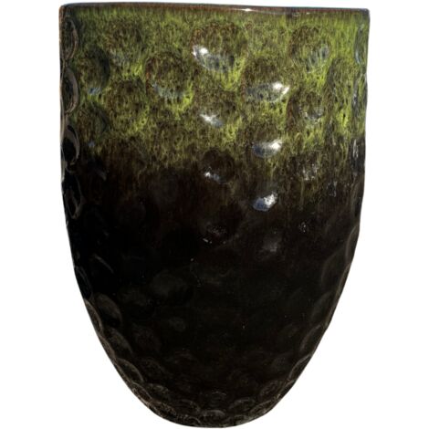 Pot grande taille d'extérieur MEROVEE 42x55cm vert sur noir, fait main en terre cuite émaillée, résistant au gel