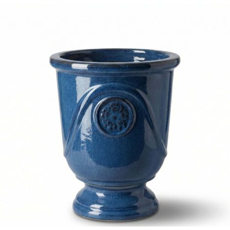 Pot grande taille d'extérieur MOLIERE 24x30cm bleu antique, fait main en terre cuite émaillée, résistant au gel