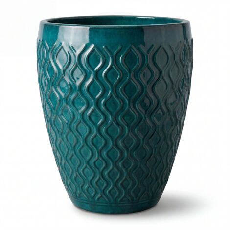 Pot grande taille d'extérieur PHENIX 41x55cm bleu pétrole, fait main en terre cuite émaillée, résistant au gel