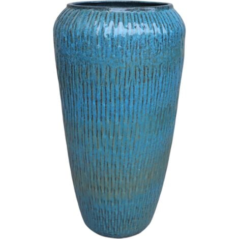 Pot grande taille d'extérieur POMPADOUR 36x69cm bleu fer, fait main en terre cuite émaillée, résistant au gel