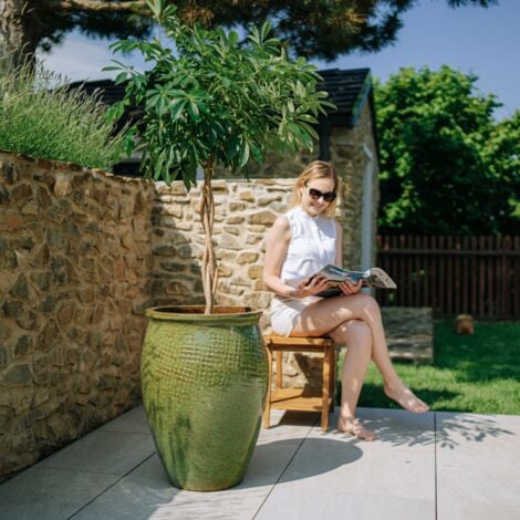 Pot grande taille d'extérieur POSEIDON 50x68cm vert tropical, fait main en terre cuite émaillée, résistant au gel