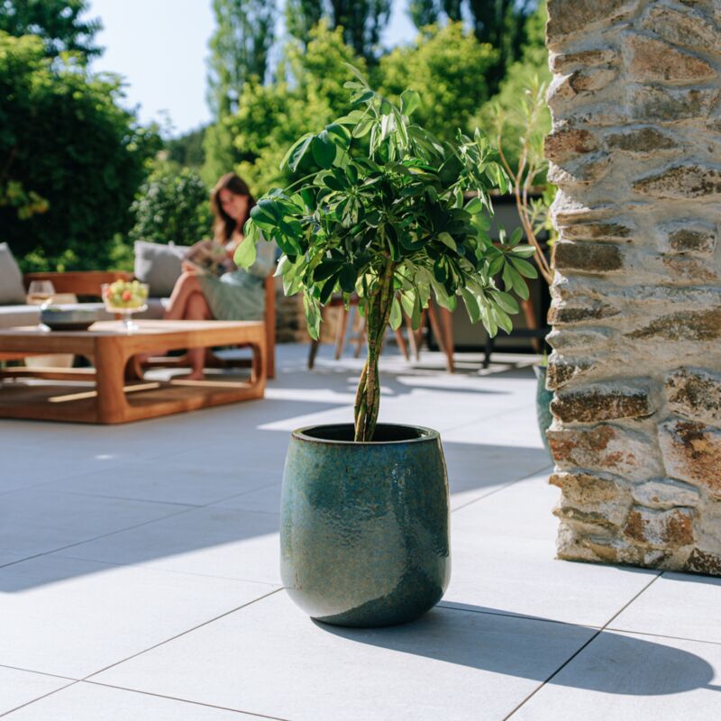 Provencelia - Pot grande taille d'extérieur socrate 32x33cm fait main en terre cuite émaillée résistant au gel, bleu fer