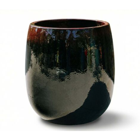Pot grande taille d'extérieur SOCRATE 32x33cm noir & rouge, fait main en terre cuite émaillée, résistant au gel