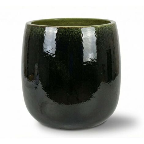 Pot grande taille d'extérieur SOCRATE 32x33cm noir & vert, fait main en terre cuite émaillée, résistant au gel