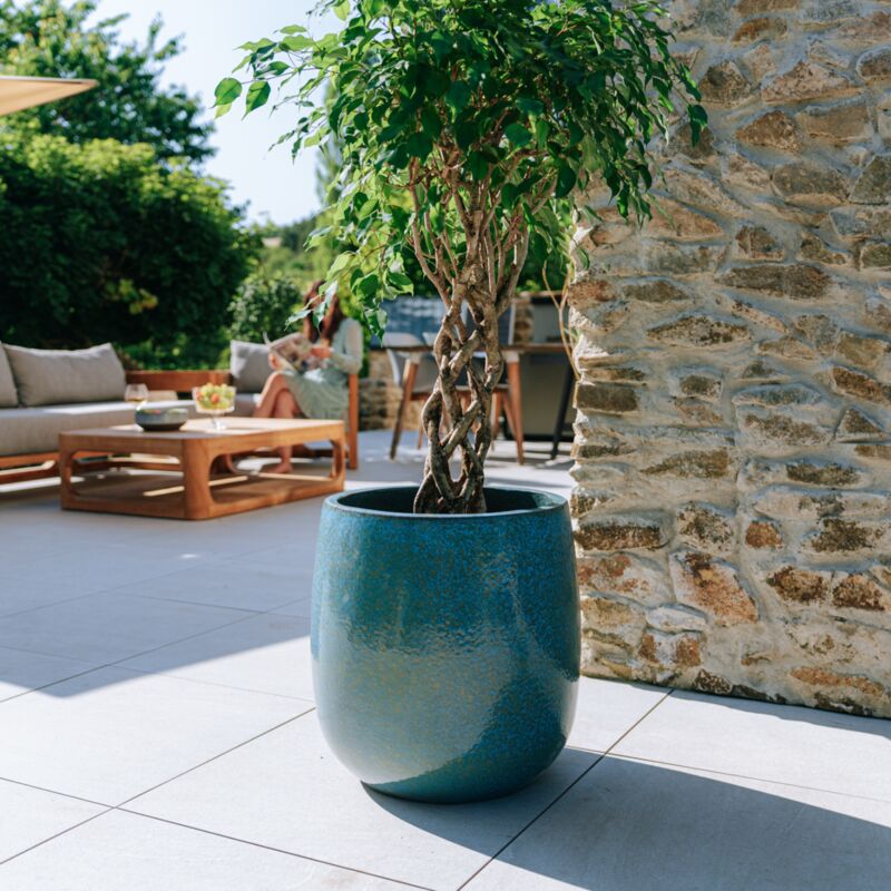 Pot grande taille d'extérieur socrate 40x49cm fait main en terre cuite émaillée résistant au gel, bleu fer