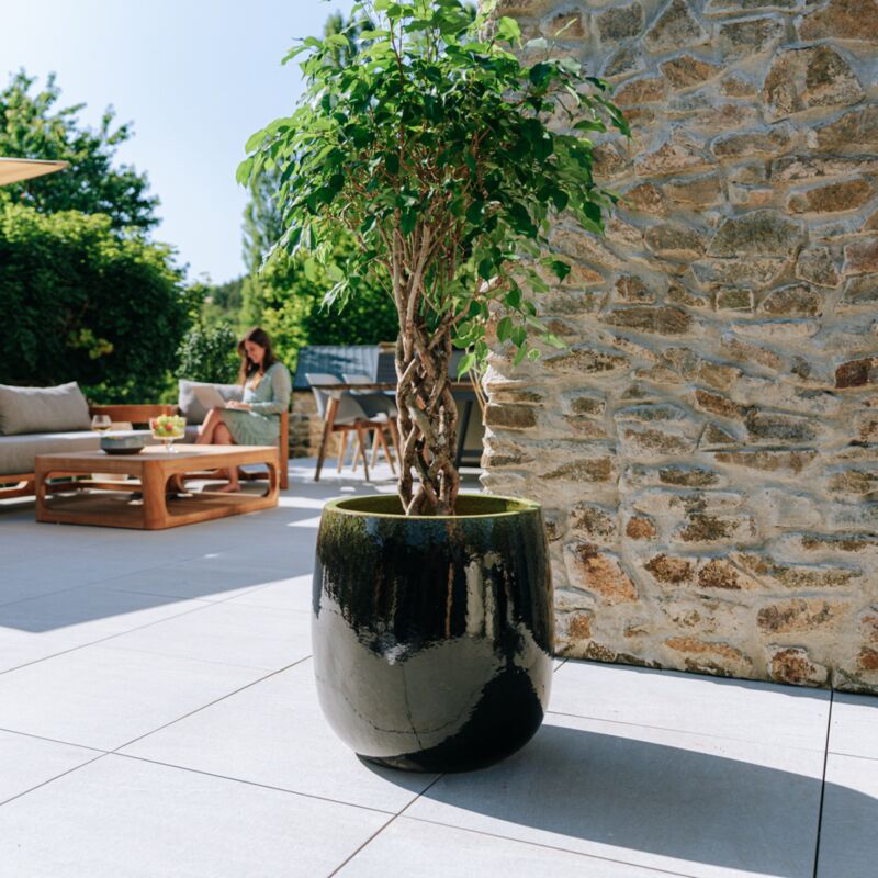 Pot grande taille d'extérieur socrate 40x49cm fait main en terre cuite émaillée résistant au gel, vert et noir