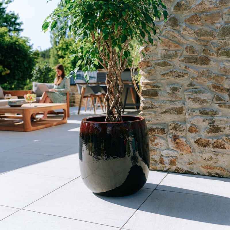 Pot grande taille d'extérieur socrate 40x54cm fait main en terre cuite émaillée résistant au gel, rouge et noir