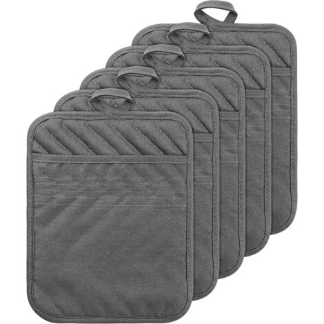 Pot Holder - Coton - Résistant à la Chaleur Jusqu'à 250 °C - Poche Intégrée - 6,9 x 8,9 Pouces - Gris - Lot de 5
