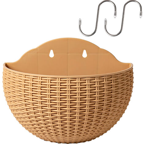 Pot Jardinière Murale Demi-Rond Simili Rotin Khaki avec Système d'Arrosage Double pour Plantes Succulentes Intérieur Extérieur Balcony 21cm