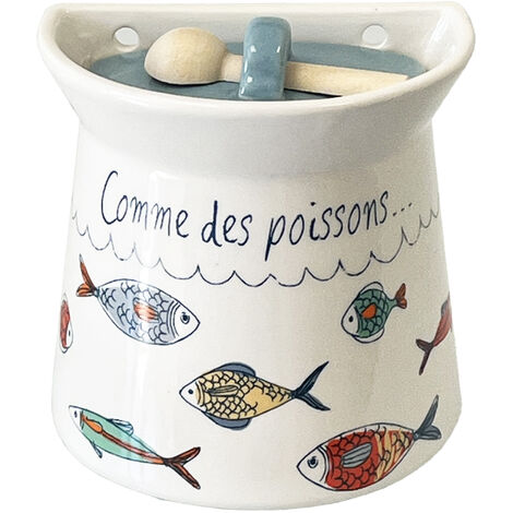 Pot mural à sel en céramique avec cuillère en bois – Dimensions 10x10x6 cm – Conserve le sel en toute élégance – Accessoire de cuisine décoratif