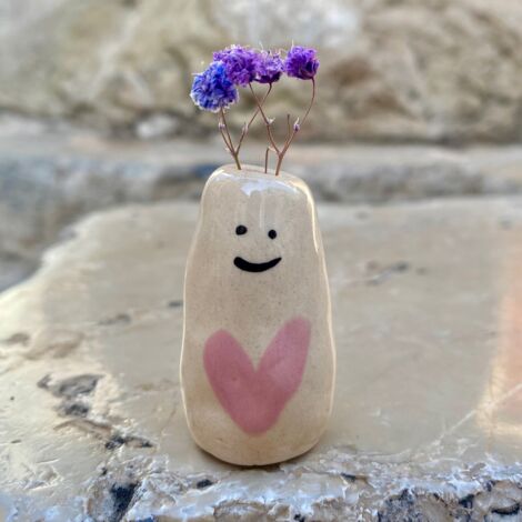Pot Pets Handmade Ceramic Indoor Plant Pot, Happy Couple (Beige), Tiny Dried Flower Vase Planter Figurine, Artisan Pottery Decorative Ornament Gift for Home