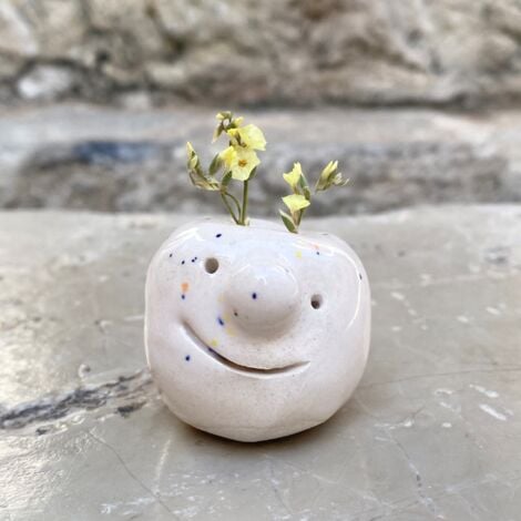 Pot Pets Handmade Ceramic Indoor Plant Pot, Happy Man (Cream), Tiny Dried Flower Vase Planter Figurine, Artisan Pottery Decorative Ornament Gift for Home