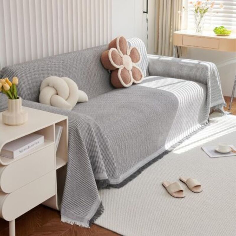 Grand Plaid et Couvre-lit en Gaufré, Protege Canape, Lavable Jeté de canapé, Jete de canape avec Franges Délicates 180 130cm-Gris